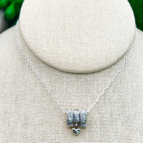 NWOT Sterling silver pave bow with dangling heart charm pendant necklace 18” - Picture 7 of 9